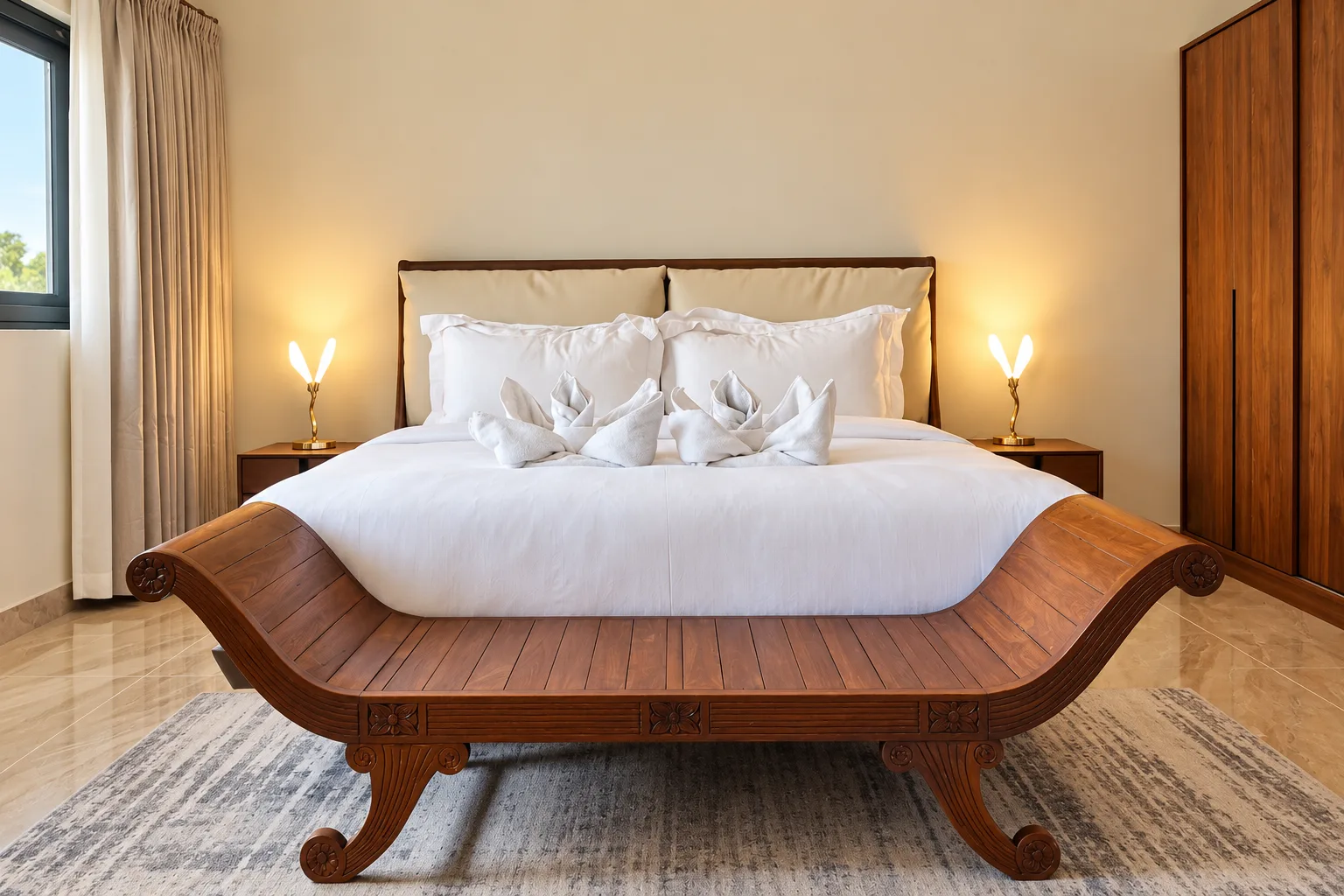 Apartamento de Um Quarto — cama em madeira entalhada com candeeiros de cabeceira