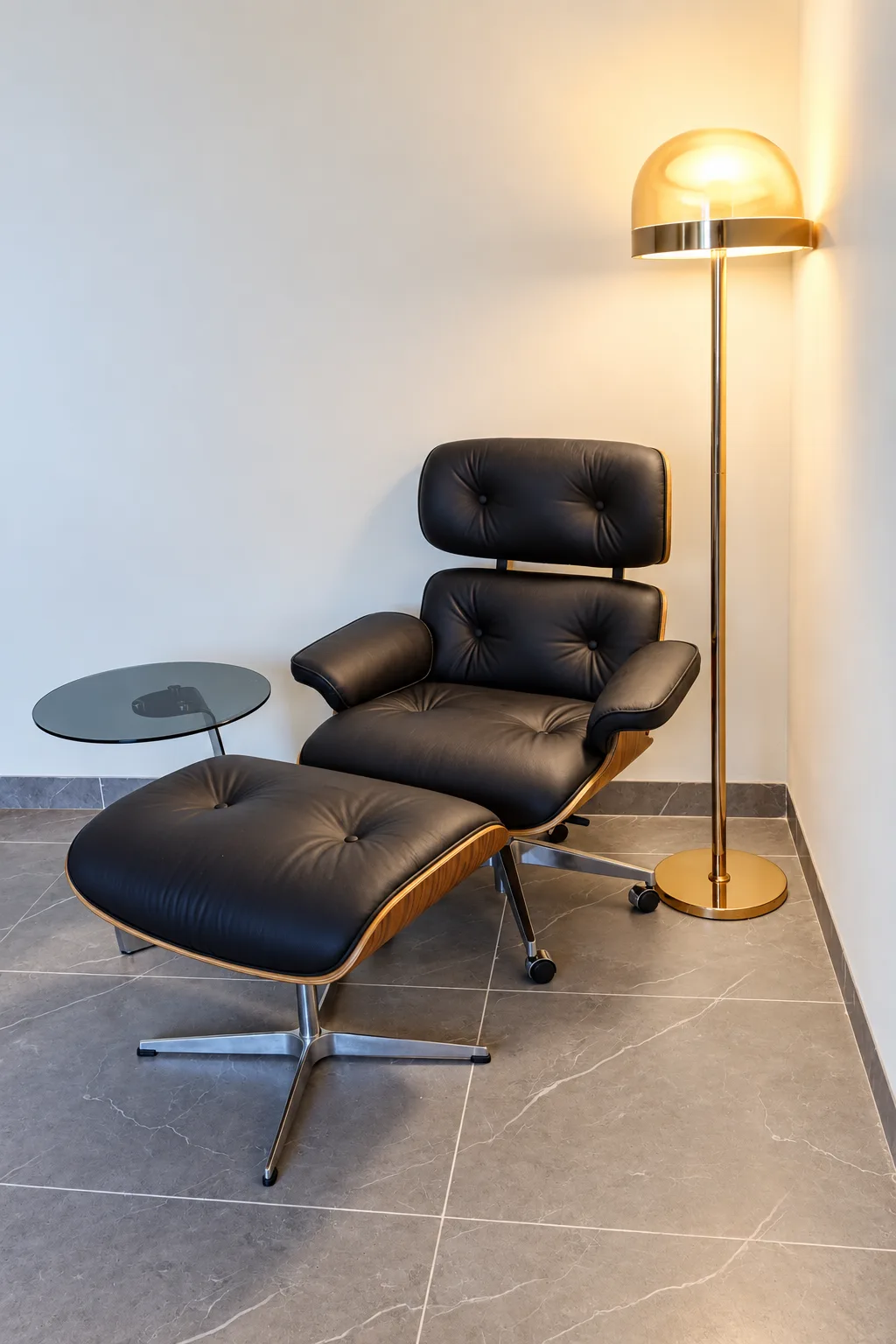 Premium Suite — leather lounge chair, footstool and floor lamp