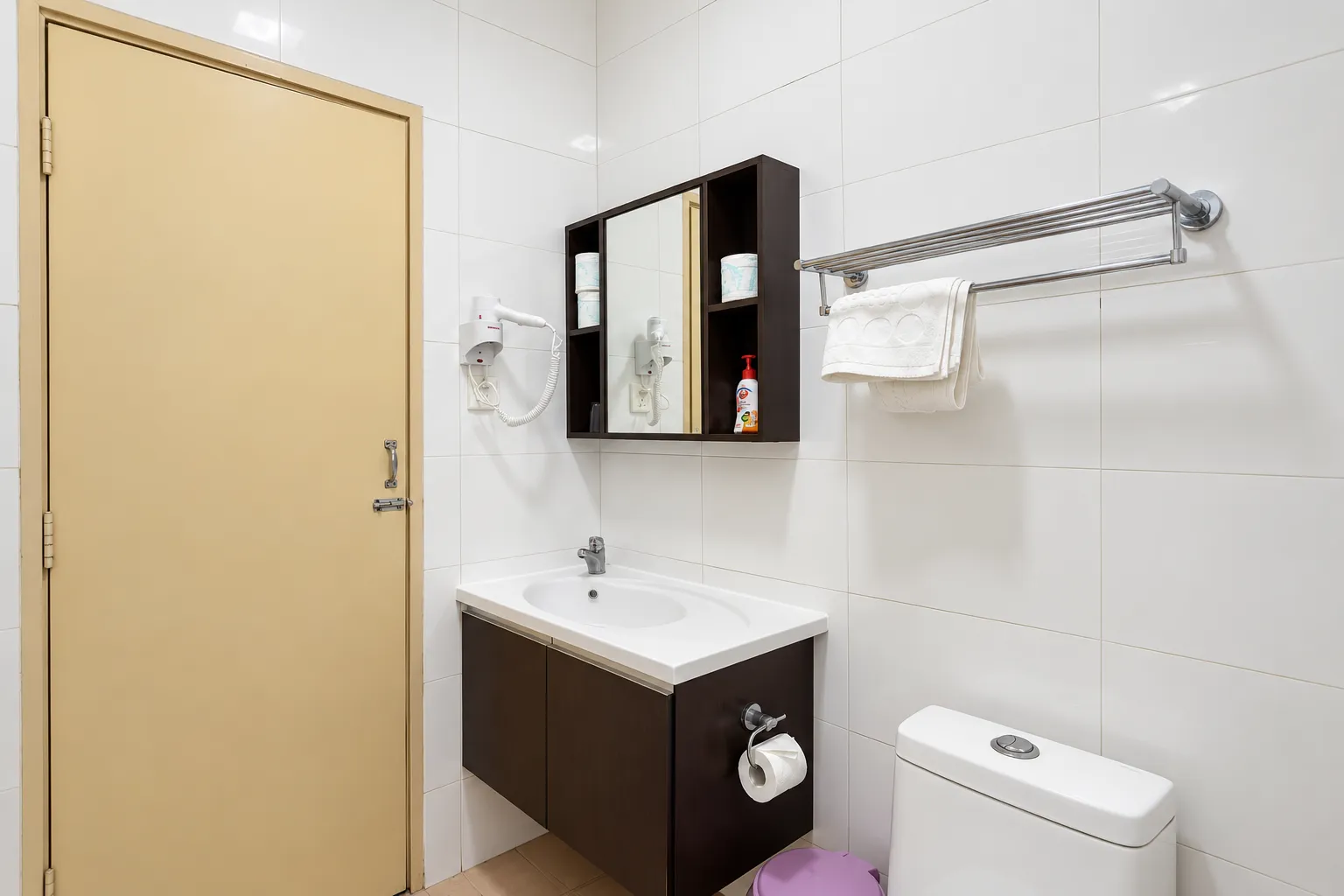 Standard Room — vanity, mirror cabinet, hairdryer and towel rail
